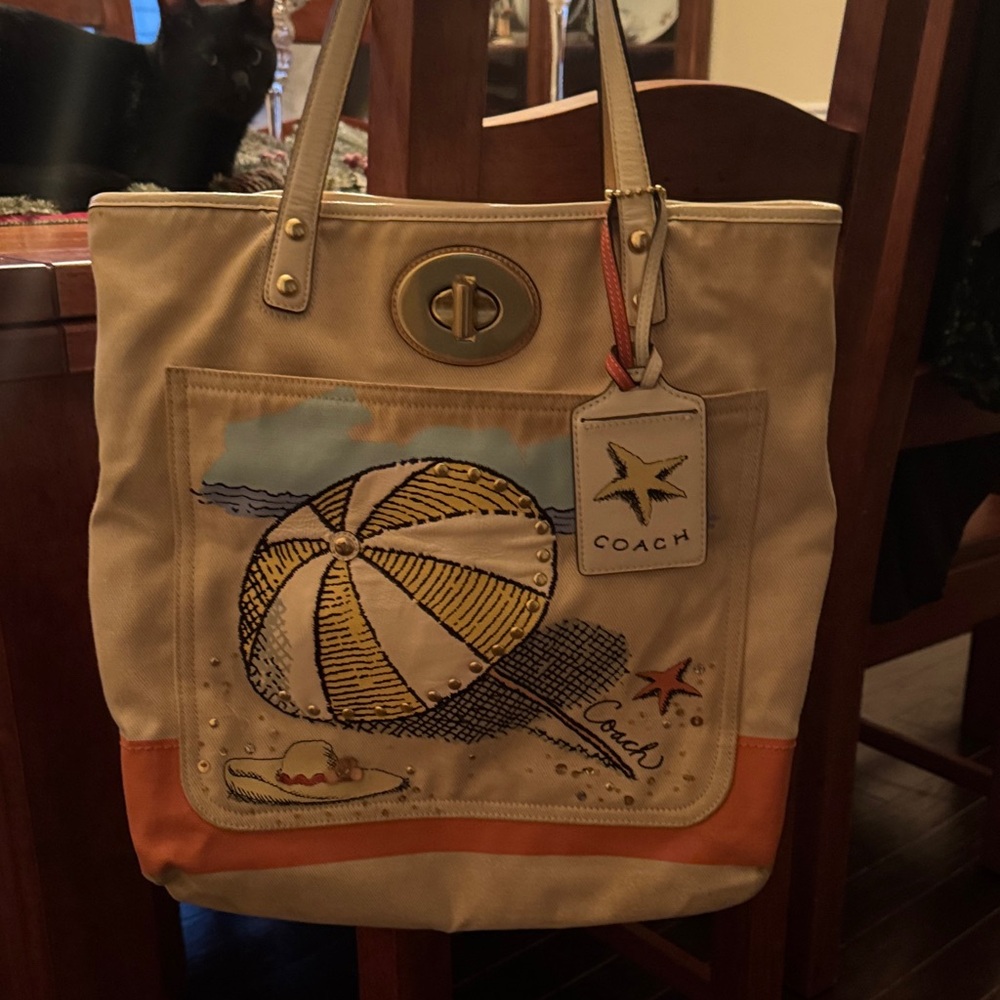 Coach Beige and Orange Tote with Beach Ball Design